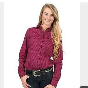 Women’s M pink and black stripped cinch shirt